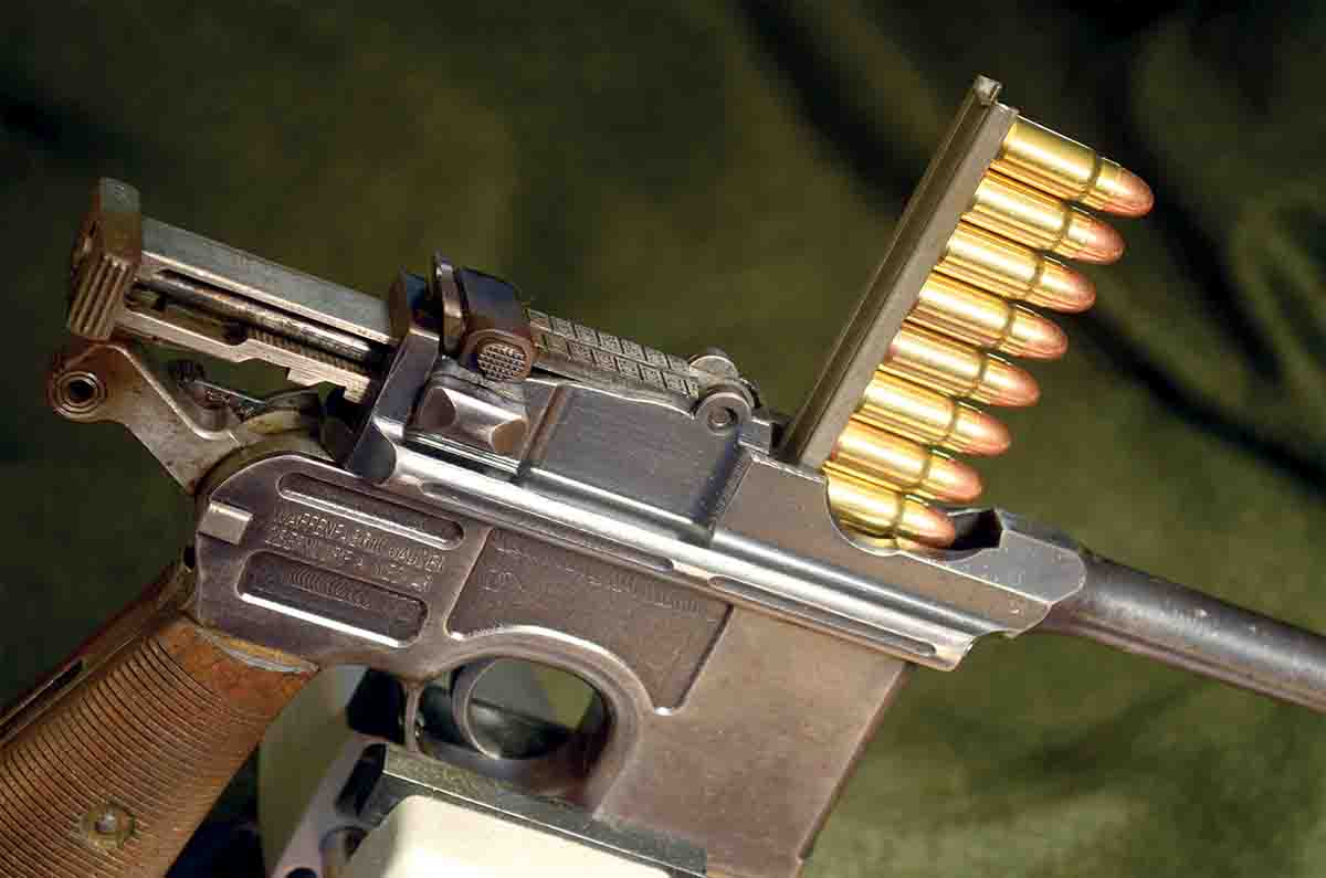 The C96 has a fixed, staggered magazine similar to the K98 rifle. It loads with a stripper clip; these were made in both eight- and 10-round configurations.